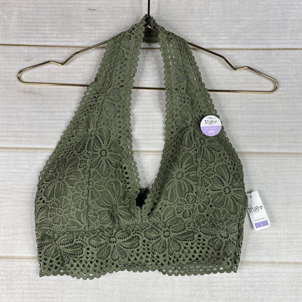 True Rue21 Bralette Women's Size Large Green Floral Print Lace Pullover Bra NWT